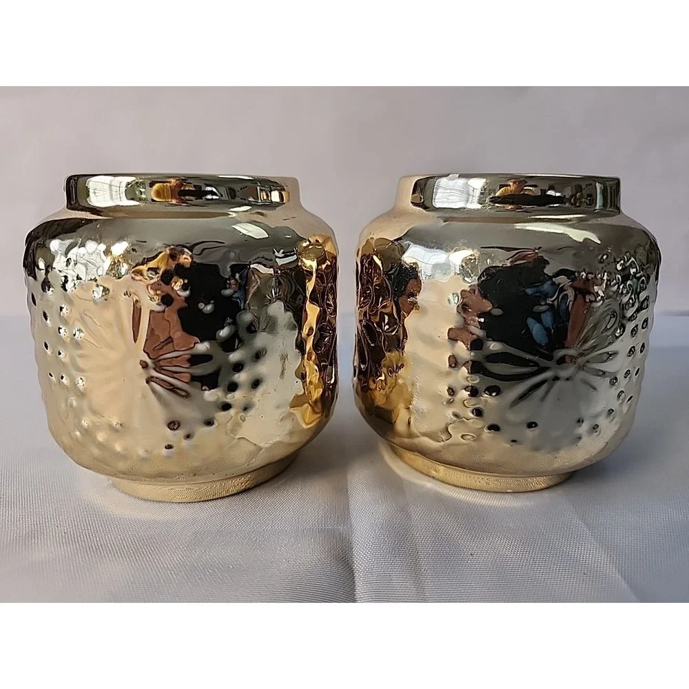 Lot 4 Votive/Tea Light Holders Hammered Gold Cut Out 2pc & Heavy Round Glass 2pc
